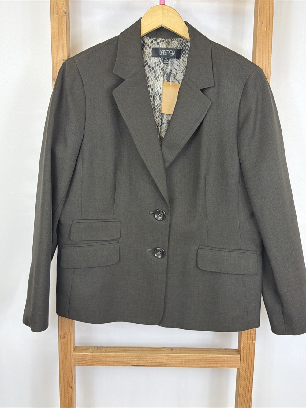 Kasper Brown Textured Button Up Blazer Lined Shoulder Pads Womens XL Size 16